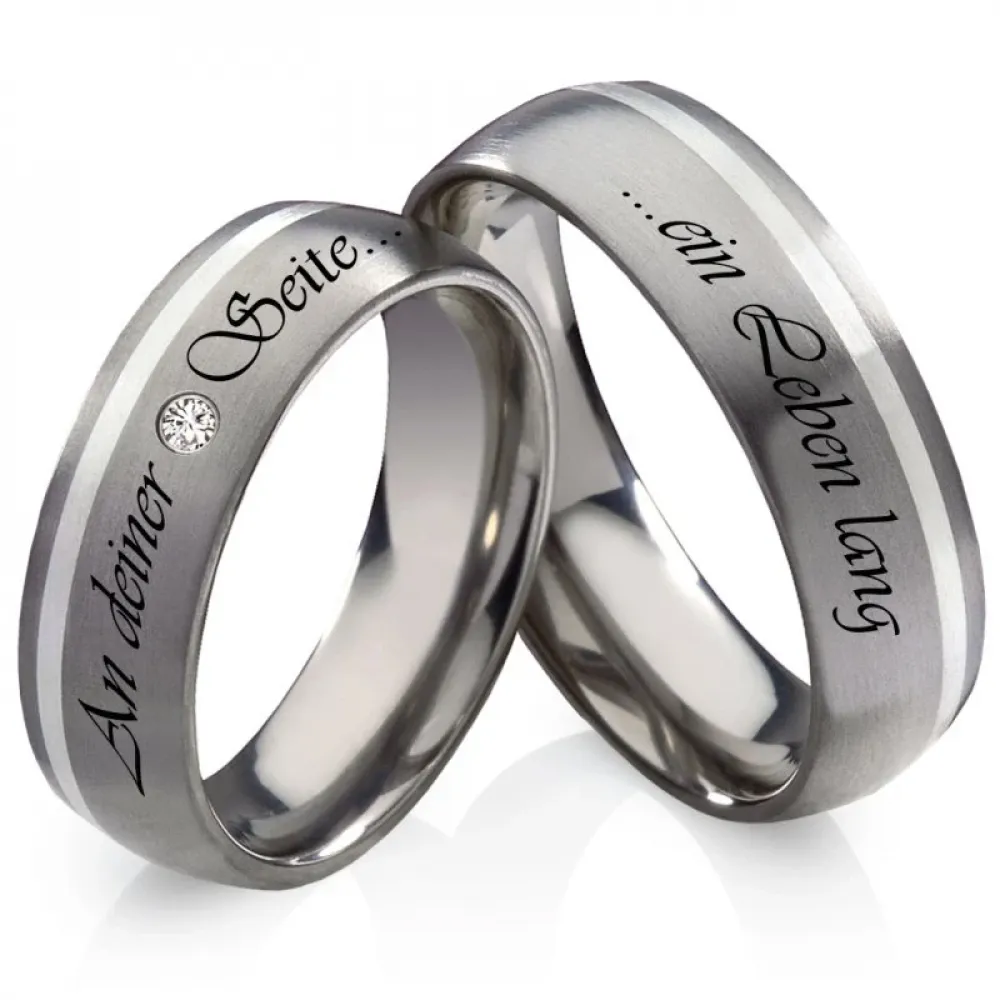 Partnerringe Titanringe mit Silbereinlage PT064 mit Zirkonia und Außengravur